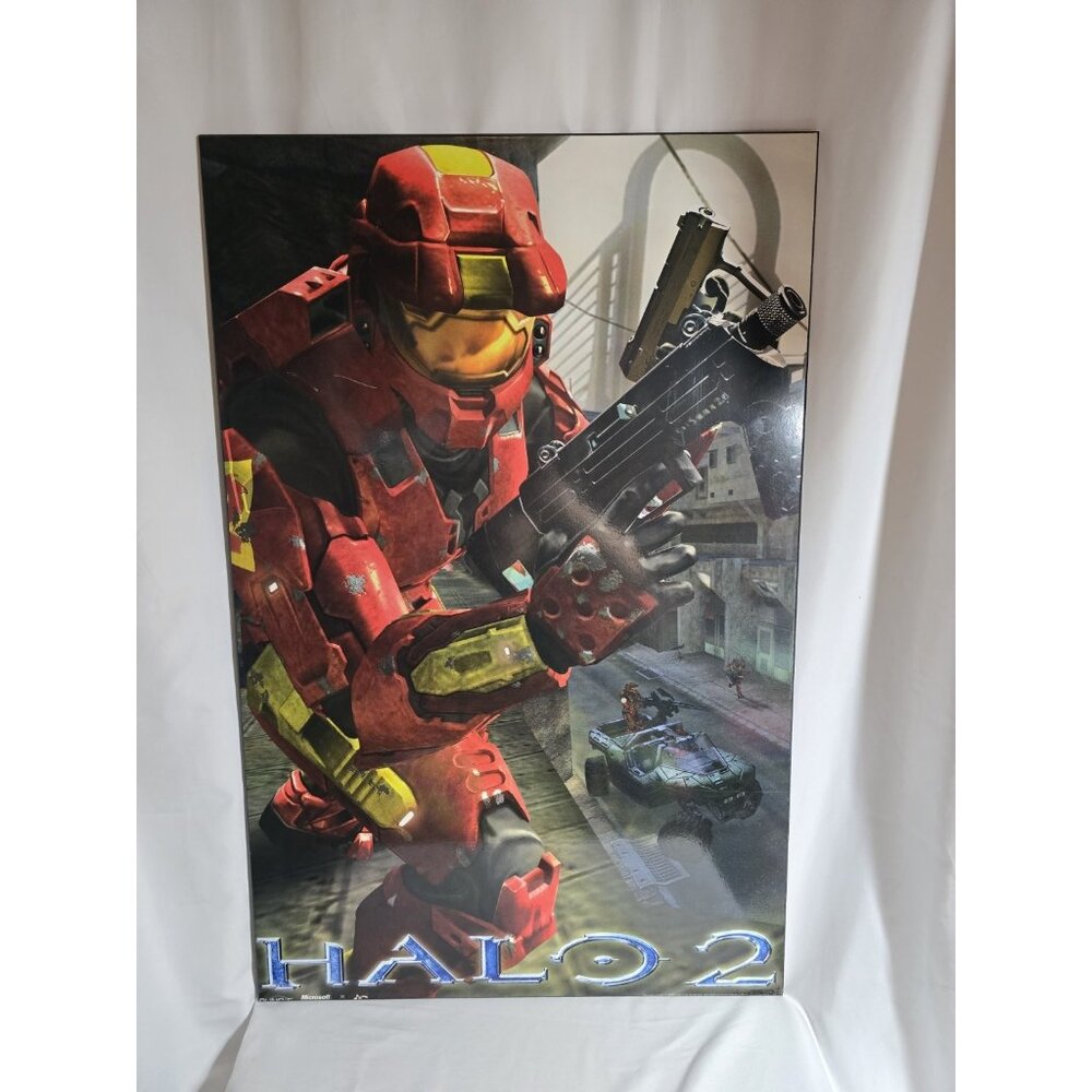 RARE Original Halo 2 Red Spartan 85cm×55cm Video Game Poster Mounted On Plaque